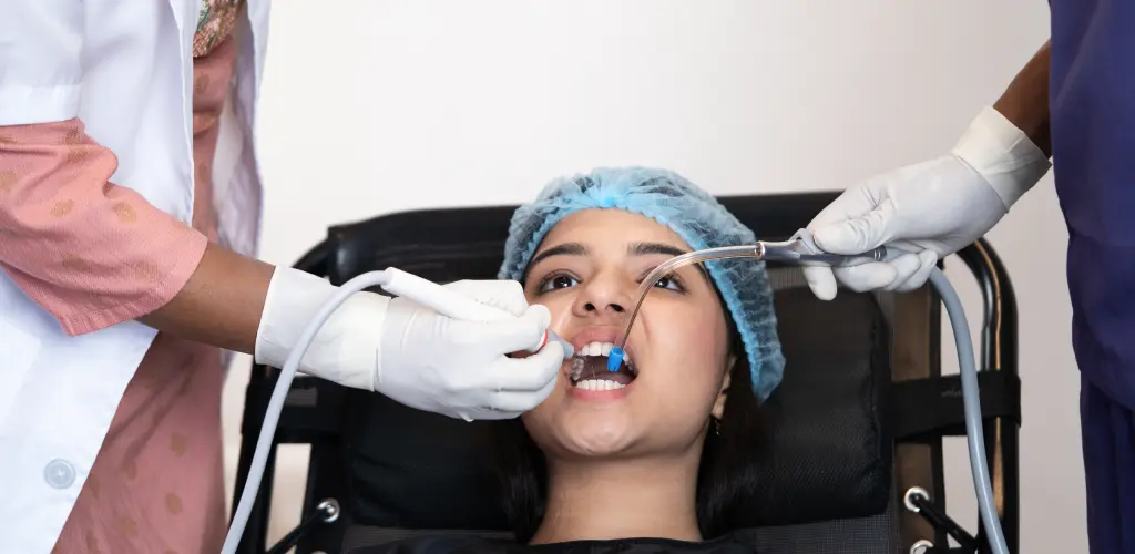 Teeth cleaning happening at home